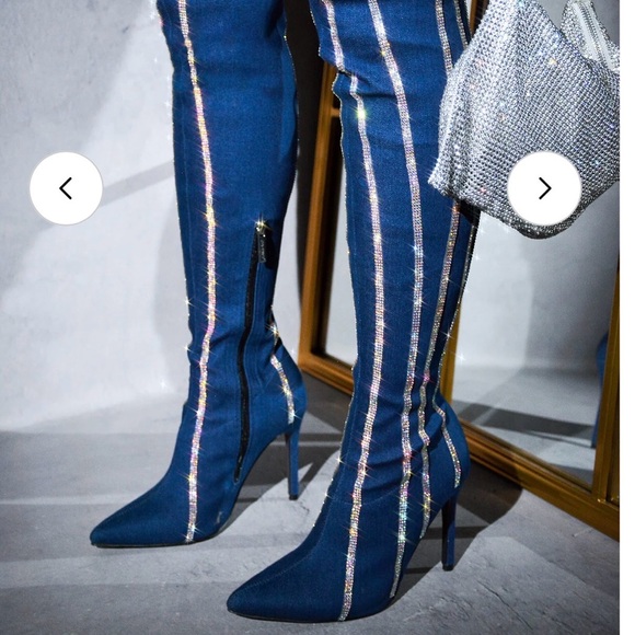 Blue Knee-High Stiletto Boots with Silver Stripes - Picture 1 of 4